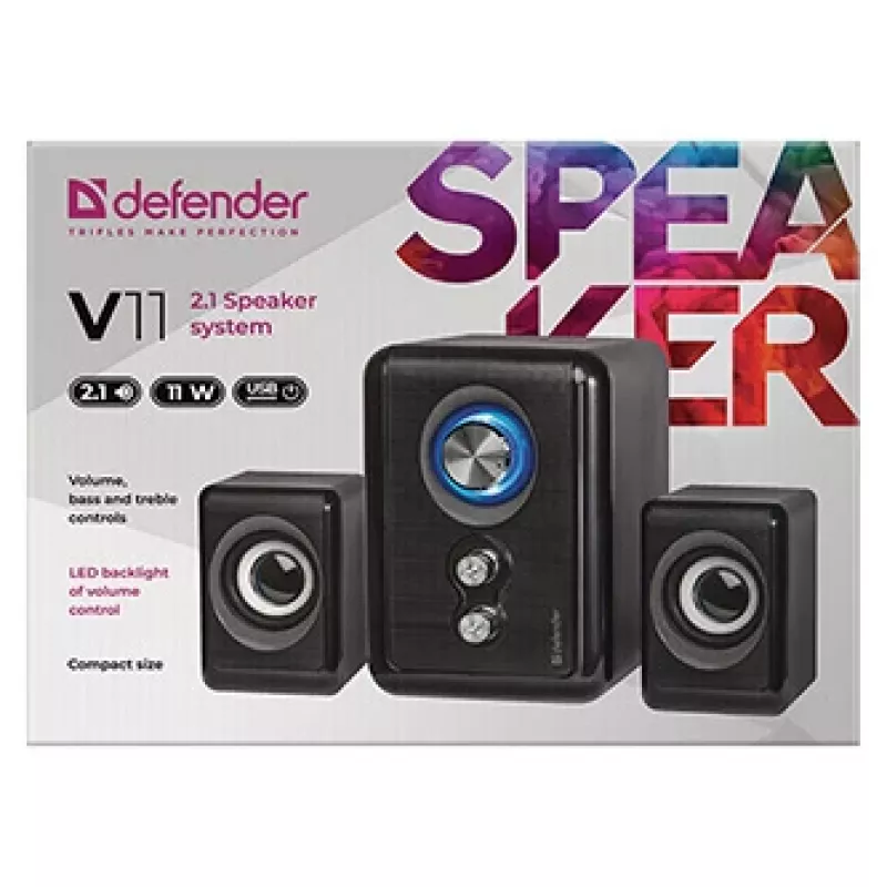 Altifalantes DEFENDER V11 11 W com fios 2.1 altifalantes satélite de secretária, USB 5 V, preto