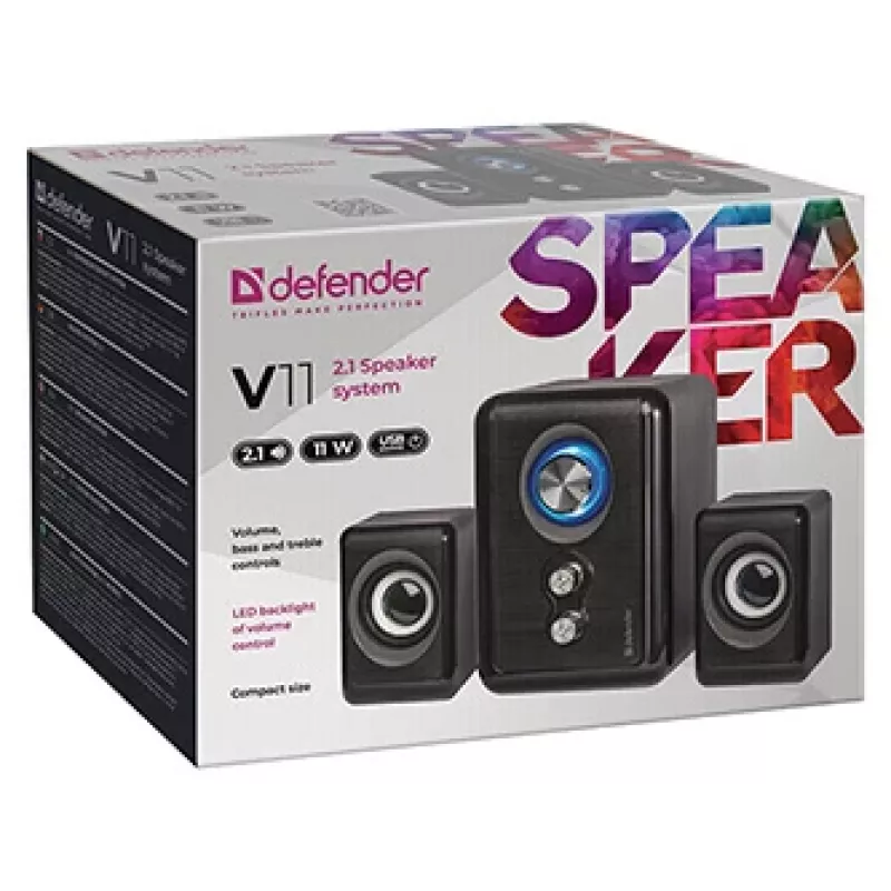 Altifalantes DEFENDER V11 11 W com fios 2.1 altifalantes satélite de secretária, USB 5 V, preto
