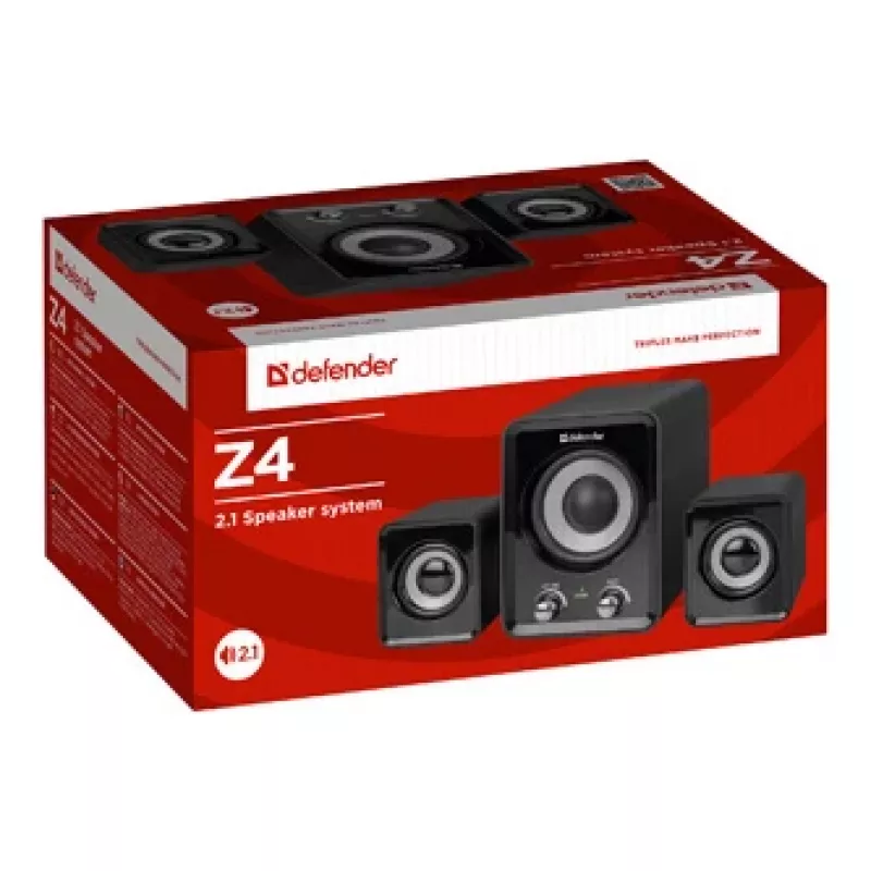 Altifalantes com fios DEFENDER Z4 2.1, 11 W RMS, preto, alimentação USB 5V, saída de auscultadores de 3,5 mm