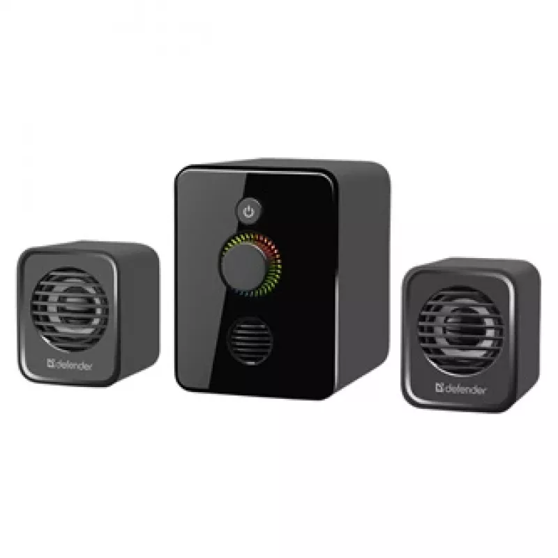 Defender V12 65212 colunas para computador 2.1, 11 W, subwoofer de 5 W, alimentadas por USB, retroiluminação LED, pretas, 115 x 130 x 223 mm