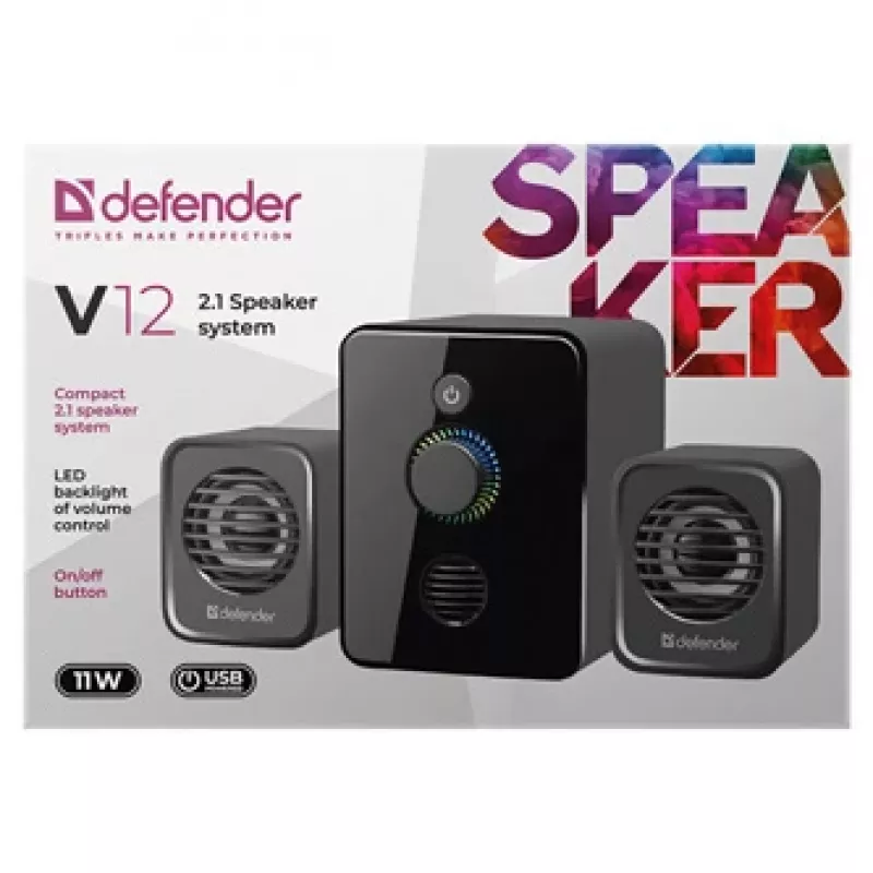 Defender V12 65212 colunas para computador 2.1, 11 W, subwoofer de 5 W, alimentadas por USB, retroiluminação LED, pretas, 115 x 130 x 223 mm