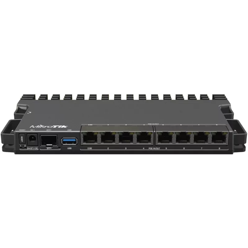 Router com fios MikroTik RB5009UPR+S+IN — 8x portas RJ-45 PoE, 2,5GbE, slot SFP+, RouterOS