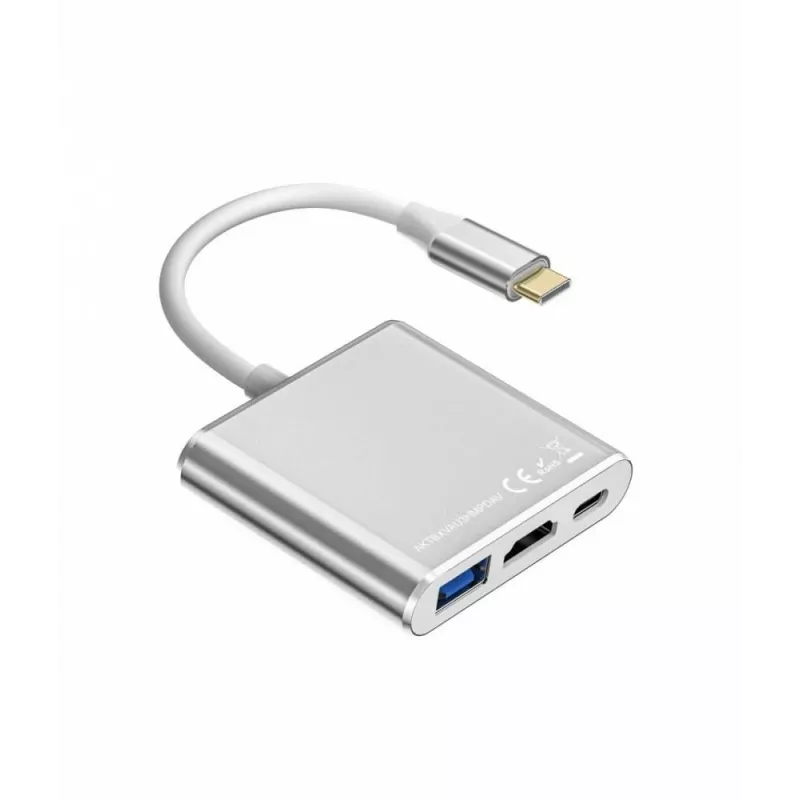 Adaptador-Hub USB-C TB AKTBXVAU3HMPDAV — 3-em-1: HDMI + USB-A + USB-C PD, Prateado