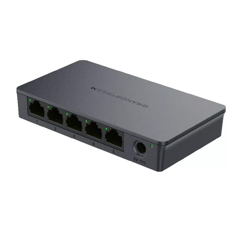 Grandstream GWN7700 switch não gerido Layer 2 5 portas Gigabit capacidade de comutação 10Gbps 802.1p QoS preto para secretária/parede 5VDC