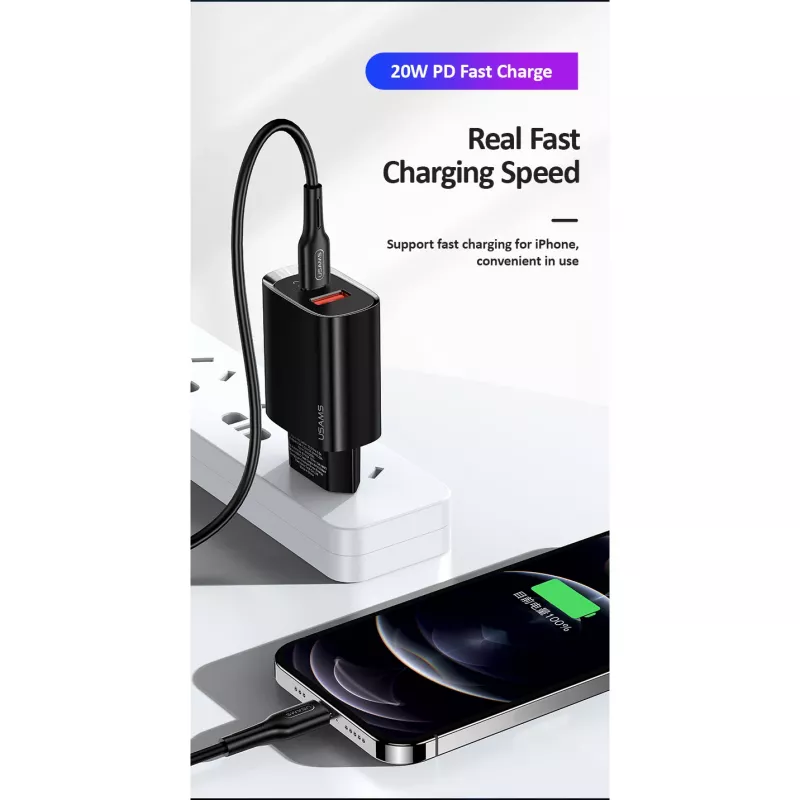 Carregador usams T35 20W PD3 USB-C para USB adaptador de carregamento rápido