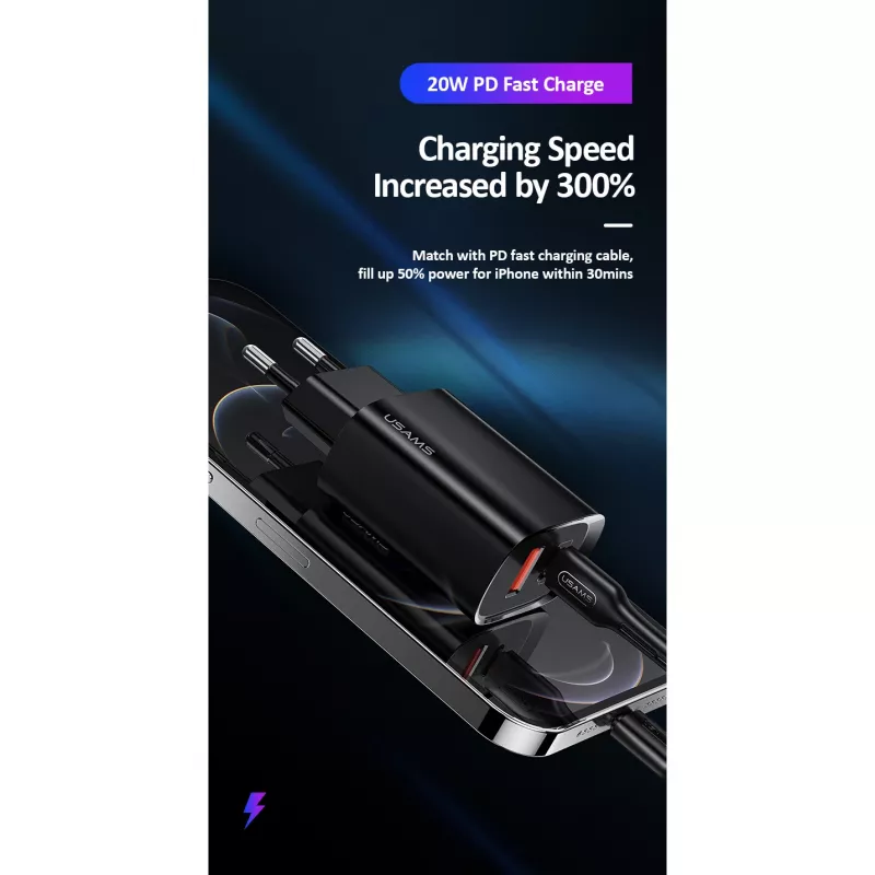 Carregador usams T35 20W PD3 USB-C para USB adaptador de carregamento rápido