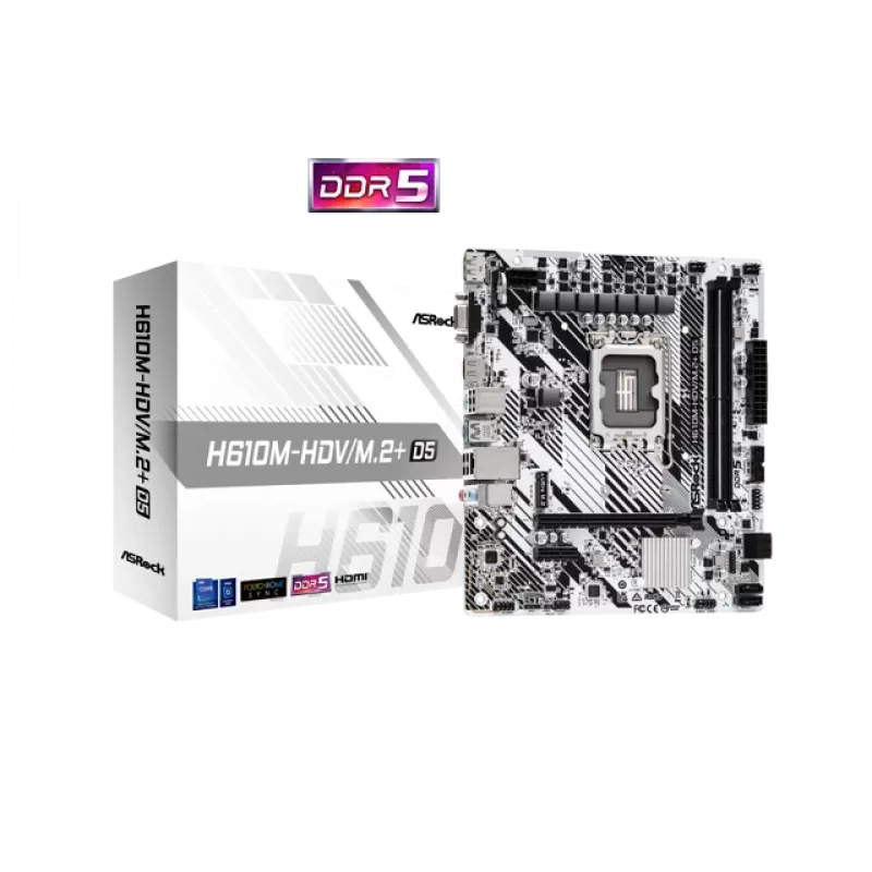 ASRock H610M-HDV/M.2+ D5 placa-mãe, Intel H610, LGA 1700, Micro-ATX, 2x DDR5 DIMM (máx. 96 GB), PCIe 4.0 x16, 1x M.2, 4x SATA III, HDMI, DisplayPort, VGA, USB-C 3.2 Gen 1, Gigabit LAN