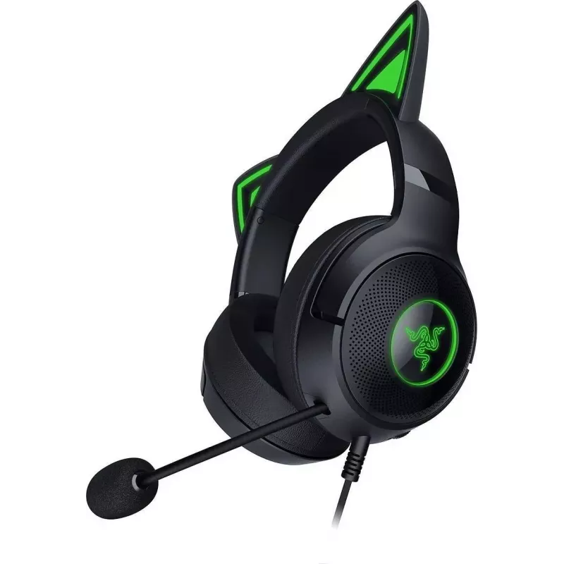 Kraken Kitty V2 - Preto, Auscultadores gaming, Orelhas de gato, Iluminação reativa a streams, Microfone cardioide HyperClear, Drivers TriForce de 40 mm, Microfone integrado nas almofadas, Razer Chroma RGB (orelhas e almofadas), Som surround: Disponível apenas em