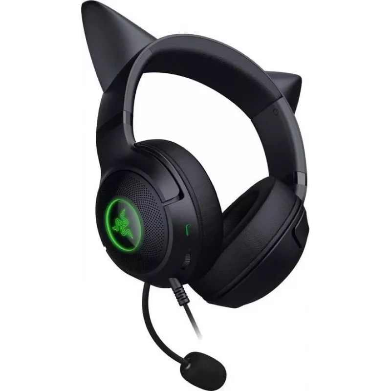 Kraken Kitty V2 - Preto, Auscultadores gaming, Orelhas de gato, Iluminação reativa a streams, Microfone cardioide HyperClear, Drivers TriForce de 40 mm, Microfone integrado nas almofadas, Razer Chroma RGB (orelhas e almofadas), Som surround: Disponível apenas em