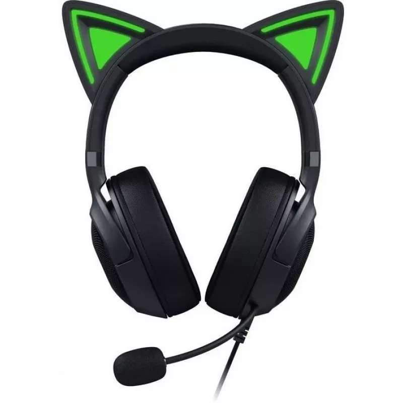 Kraken Kitty V2 - Preto, Auscultadores gaming, Orelhas de gato, Iluminação reativa a streams, Microfone cardioide HyperClear, Drivers TriForce de 40 mm, Microfone integrado nas almofadas, Razer Chroma RGB (orelhas e almofadas), Som surround: Disponível apenas em