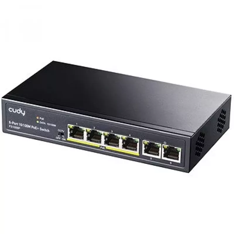 Switch de rede Cudy FS1006P Fast Ethernet 6 portas (4 PoE, 1 PoE+) 10/100 Mbit/s, largura de banda 1,2 Gbit/s, caixa metálica, montagem em rack/parede