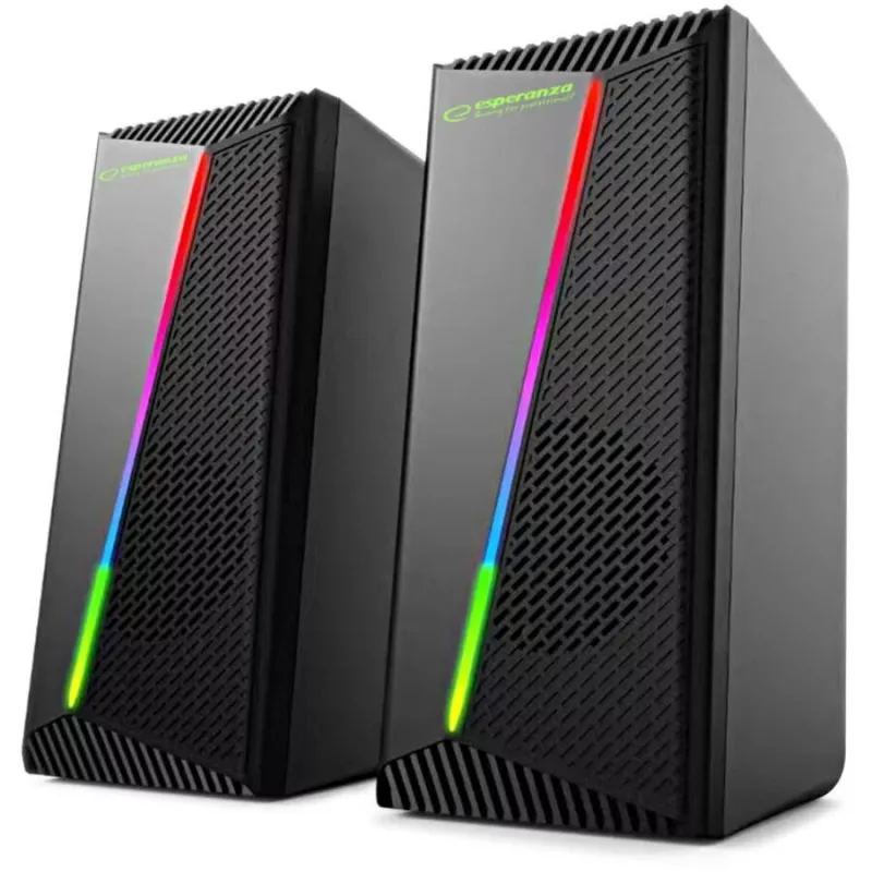 Esperanza EGS106 Rainbow Nortec colunas 2.0, 6 W (2x3 W), alimentadas por USB, mini-jack de 3,5 mm, LED RGB, pretas