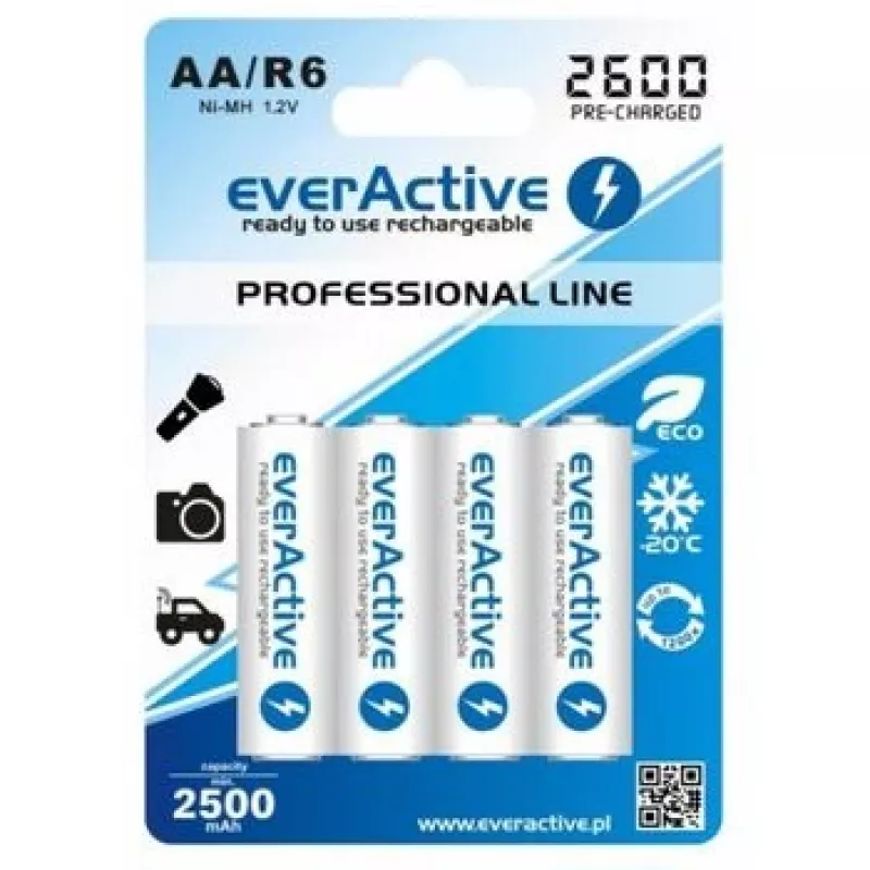 Pilhas recarregáveis R6 AA 2600mAh everActive Professional conteúdo da embalagem 1x blister