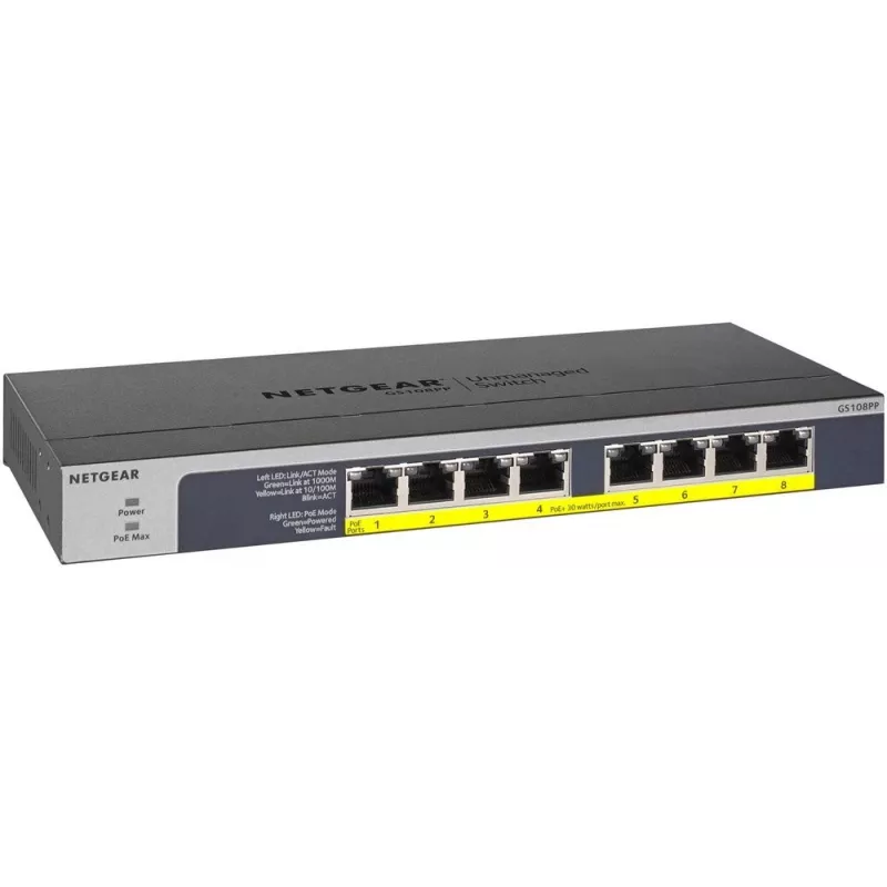 NETGEAR GS108PP Gigabit Ethernet não gerido (10/100/1000) Power over Ethernet (PoE) preto