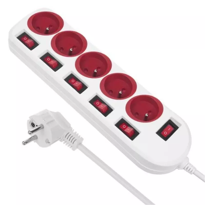 Extensão de alimentação Maclean, 5 tomadas, com interruptores, 250VAC/10A, 1.5m, MCE204 R/W