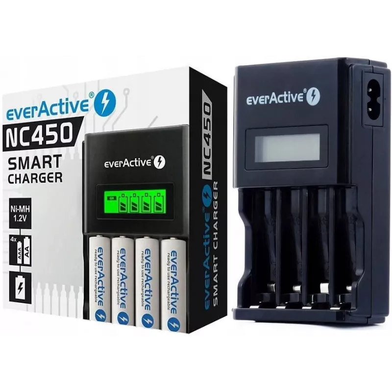 Carregador de baterias everActive NC450B — carregador de 4 células AAA, 110/230V AC, preto