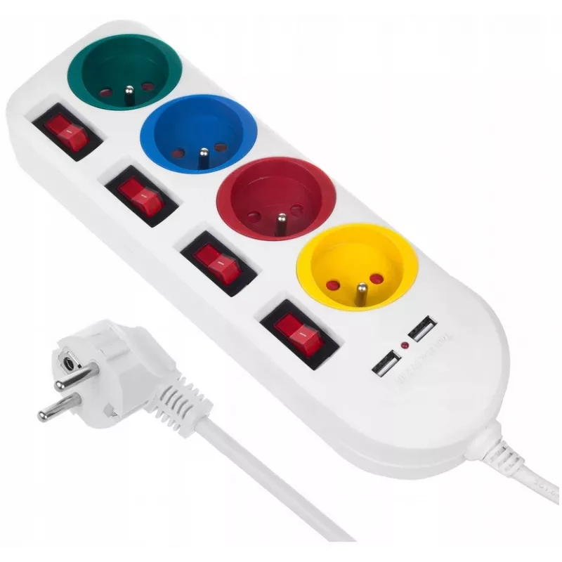 Extensão elétrica MACLEAN MCE229W — 4 tomadas, 2× USB, cabo de 1,5 m, tipo F, 10 A, branco