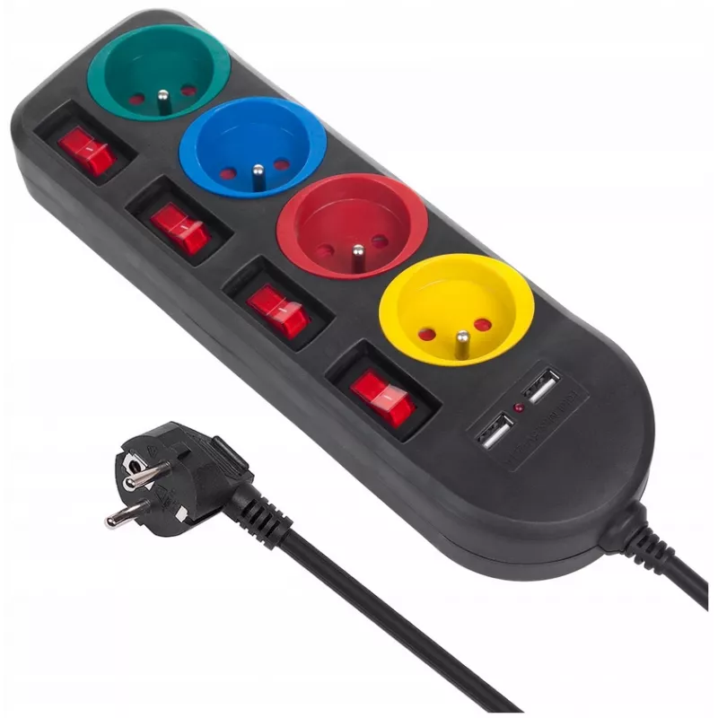 Extensão elétrica MACLEAN MCE229B — 4 tomadas AC, 2× USB-A, cabo de 1,5 m, 10 A, tipo F, interior, preto