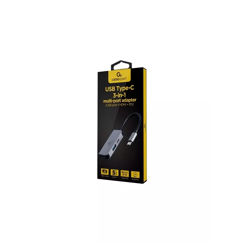 Gembird A-CM-COMBO3-02 adaptador multiporta USB-C 3 em 1, hub USB 3.2 Gen 1, HDMI 4K, USB-C PD 87 W, prateado