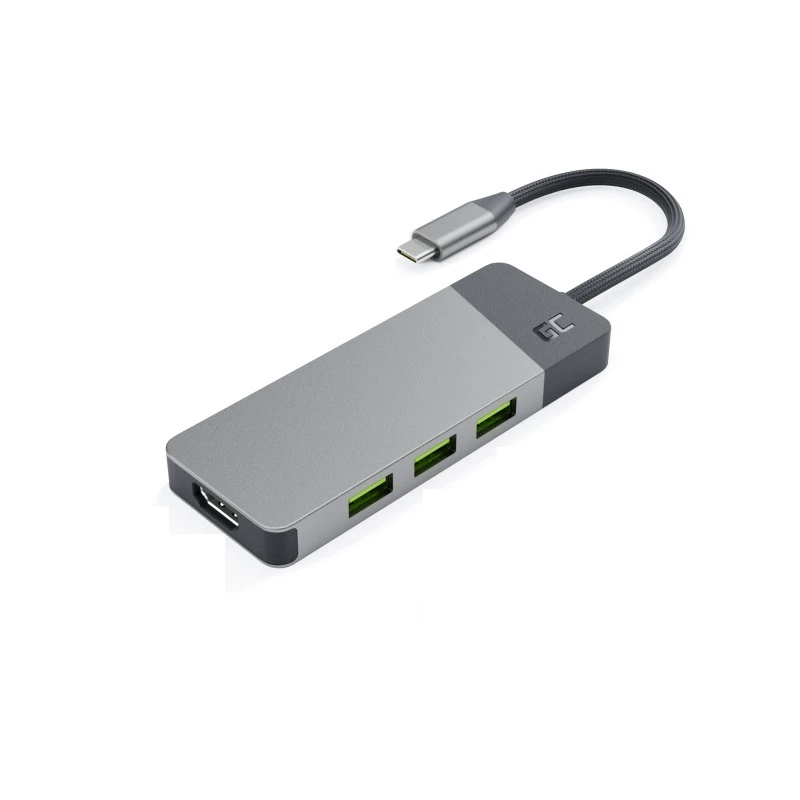 Hub USB Type-C Green Cell HUBGC01 — 7 portas: 3×USB‑A 3.2 Gen 1, 1×USB‑C 3.2 Gen 1, HDMI, leitor de cartões microSD+SD — Prateado