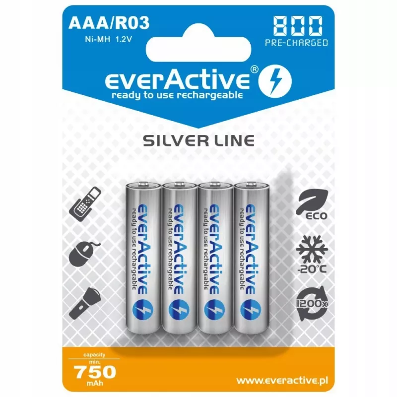 Pilhas recarregáveis AAA NiMH everActive EVHRL03-800 – 1,2 V, 4 unid., cilíndricas 44,5×10,5 mm