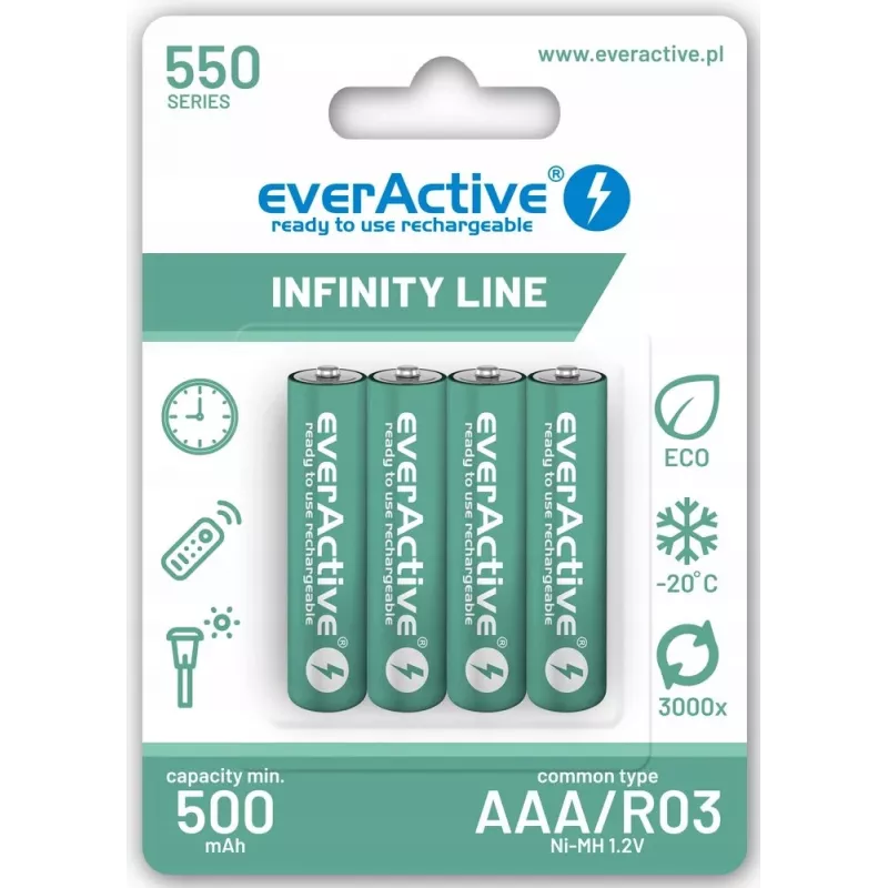 Pilhas recarregáveis AAA NiMH everActive EVHRL03-550 1,2 V 550 mAh pack de 4, cilíndricas R03