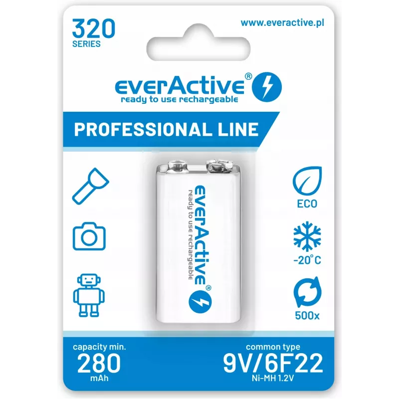 Pilha recarregável everActive EVHRL22-320 9V NiMH prismática 8,4V, 55 g, 48,5 mm