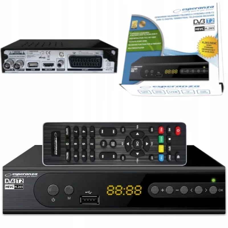 Set-Top-Box ESPERANZA EV106R Sintonizador de cabo DVB-T2 / DVB-C HEVC H.265, HDMI, USB, PVR, Dolby Digital, 174–790 MHz, preto