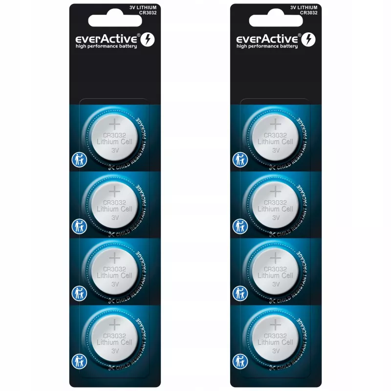 Pilha de lítio em botão everActive CR3032, 3V, 580 mAh, célula de botão, pack de 4