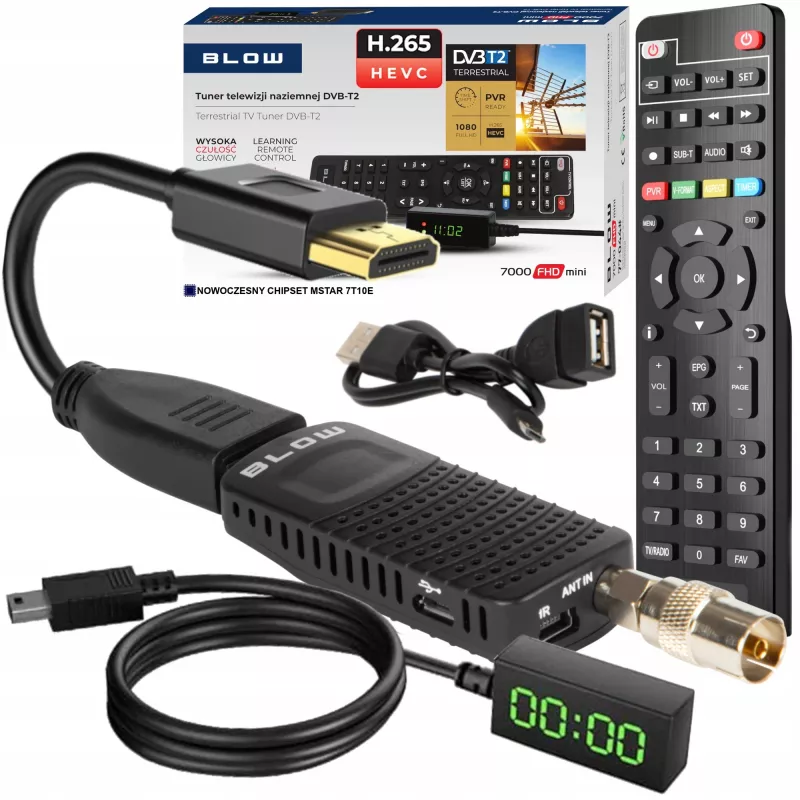 Sintonizador DVB-T2 BLOW 7000FHD MINI H.265 – recetor de TV terrestre compacto, HDMI, USB, S/PDIF, áudio L/R, teletexto