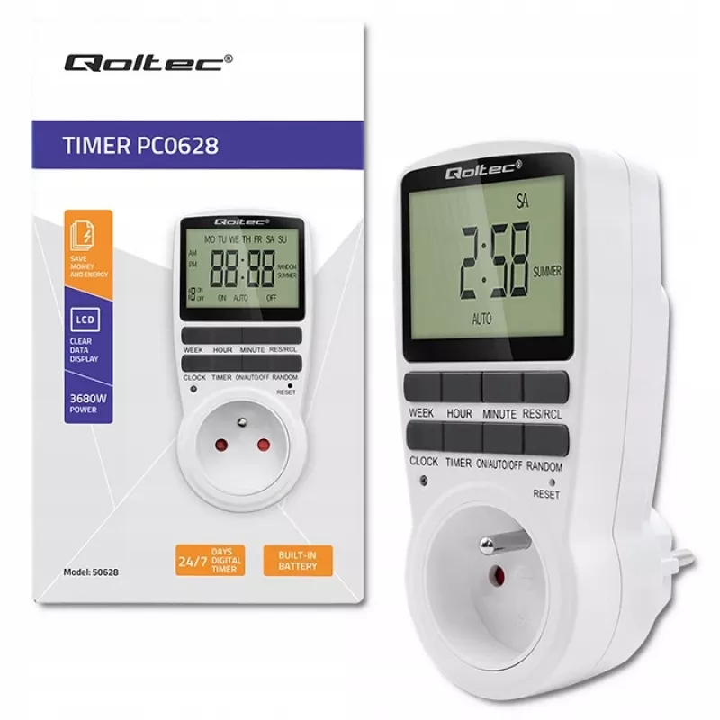 Temporizador eletrónico QOLTEC PC0628 com visor LCD, contagem decrescente de 24 horas