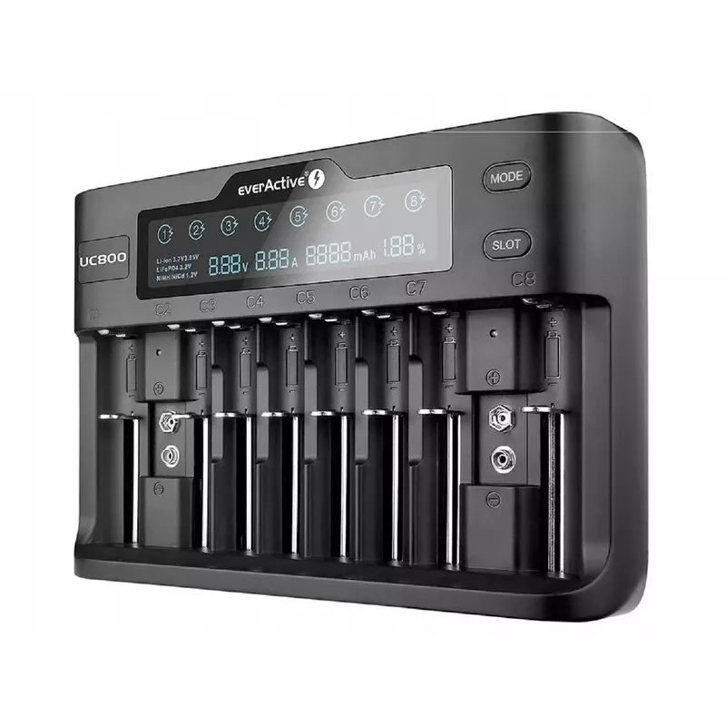 Carregador de baterias everActive UC-800 AC 12V 3A — para LiFePO4/LiPo/NiMH, suporta AA/AAA/9V, até 10 baterias, entrada 12 V, visor integrado, preto