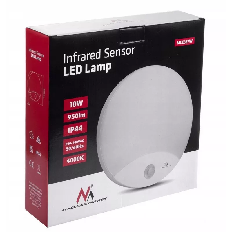Lâmpada LED de parede MACLEAN MCE357W com sensor de movimento IR, branca, para exterior e interior