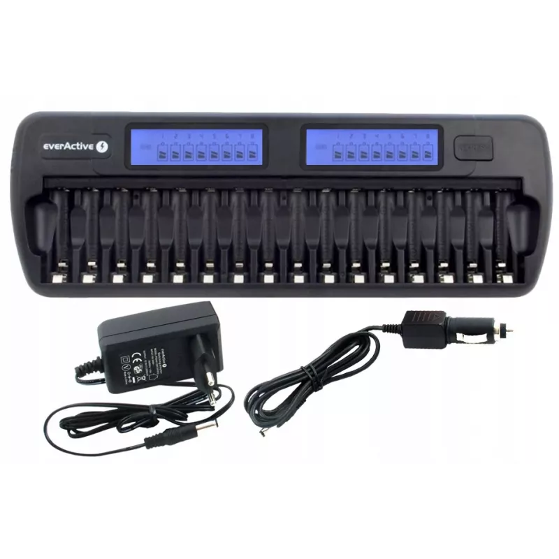 Carregador de baterias everActive NC-1600 — carregador universal DC para Li-Ion, suporta 16 células, tamanhos compatíveis AA/AAA/C, preto, AC 100–240V 50–60Hz