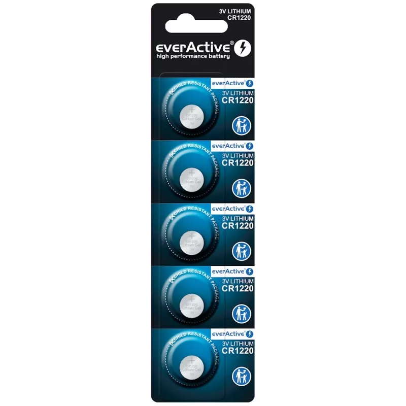 Pilha de lítio tipo botão everActive CR1220 — 3V, 40 mAh, 12,5×2 mm, descartável, 5 unid.