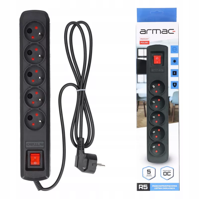 Régua de tomadas ARMAC R5 — 5 tomadas, cabo de 5 m, preto