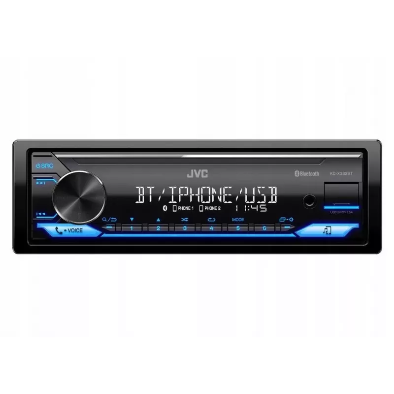 Autorrádio JVC KDX-382BT com Bluetooth e USB — Single DIN, entrada AUX, sintonizador FM