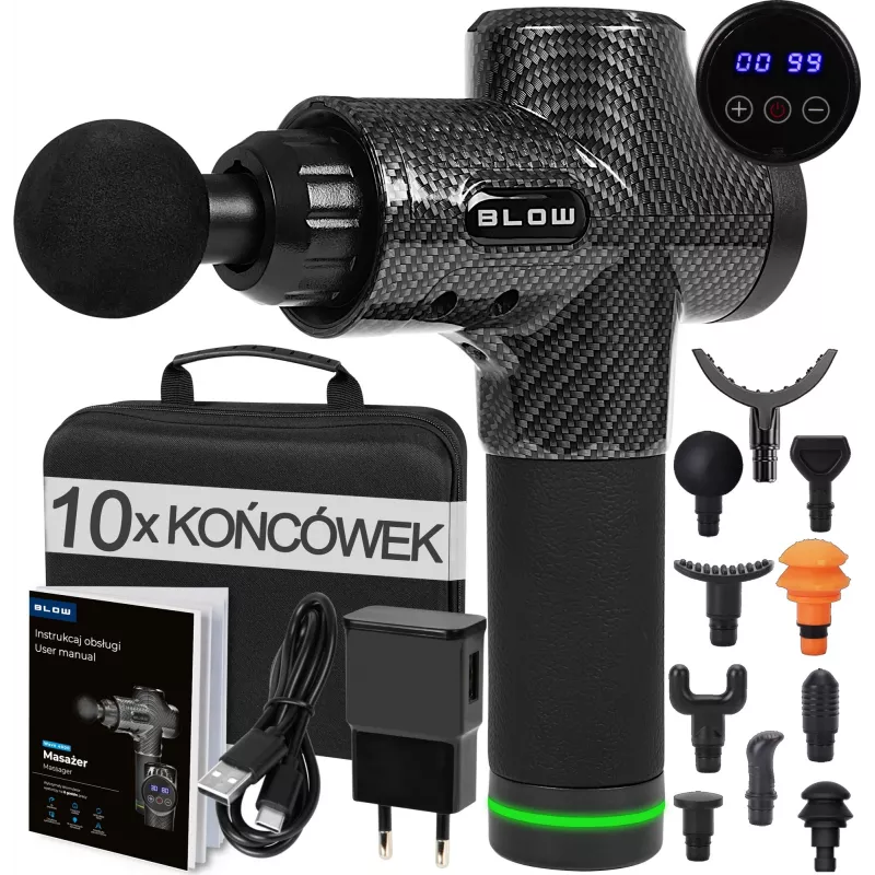 BLOW Wave 4000 44-340# pistola de massagem, 30 velocidades, 10 acessórios, 100 W, ecrã tátil LCD, USB-C, preta