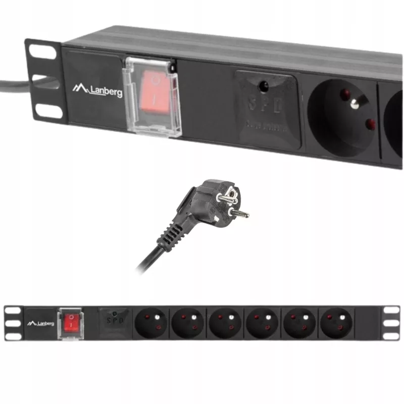 Unidade de distribuição de energia LANBERG PDU-06E-0200-BK — 6 saídas Type-E, 16 A, cabo de 2 m, rack 1HE, 220–250 V