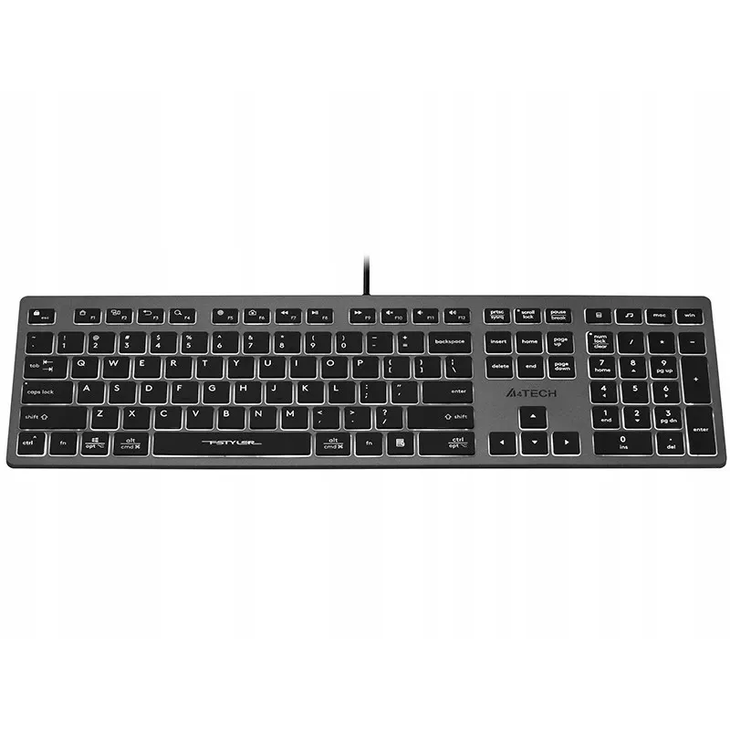 Teclado com fio A4Tech FX60H USB QWERTY – Full-Size 100%, retroiluminação branca, cinzento, hub USB