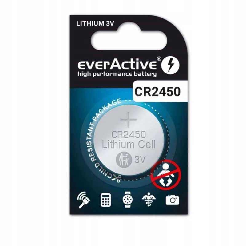 Pilha de lítio tipo botão everActive CR2450, 3 V, 5 mm de altura — pack de 5