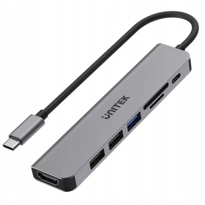 Hub USB-C Unitek 7 em 1 alumínio PD 100W 5 Gbps — adaptador multiporta com Power Delivery