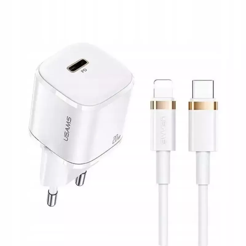 Carregador de parede USAMS T36 Mini USB-C, 20 W, PD 3.0, com cabo USB-C para Lightning de 1 m