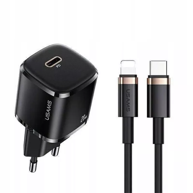 Carregador usams 1x USB-C T36 + Lightning PD – carregador PD compacto com USB-C e Lightning