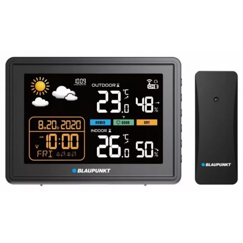 Estação meteorológica BLAUPUNKT WS30BK com sensor exterior sem fios, LCD a cores, relógio, alarme, barómetro, °C, 1 sensor