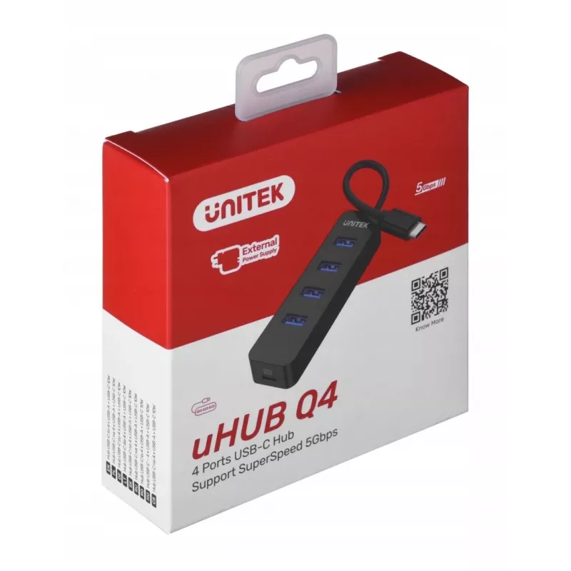Hub USB Unitek uHUB Q4 – Hub USB 3.2 Gen 1 (Type-A) de 4 portas, Host USB-C, 5 Gbit/s, 10 W, preto