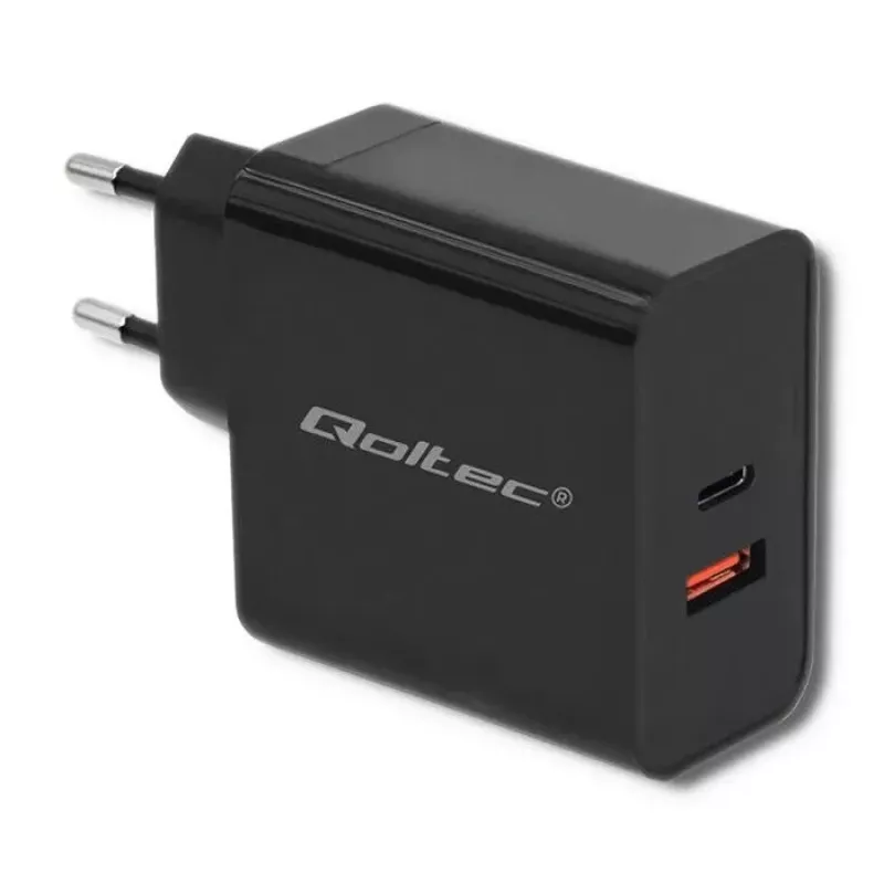Qoltec 51716 carregador de parede 63 W, USB-C PD + USB QC 3.0, 5-20 V 1,5-3 A, preto