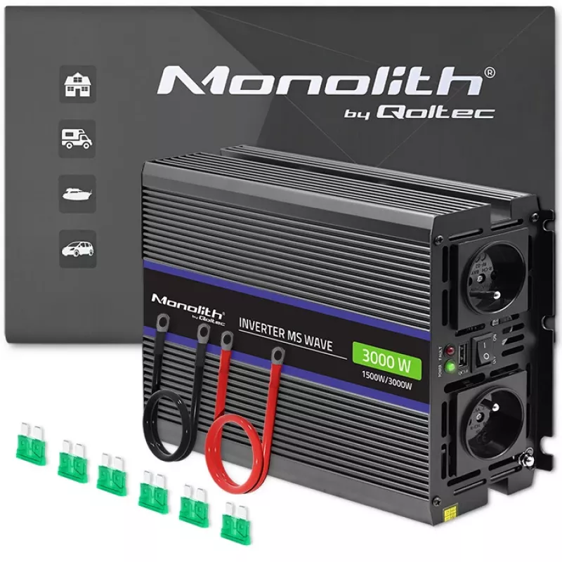 Inversor QOLTEC Monolith 3000 MS Wave, 12V→230V, 1500/3000W, com USB