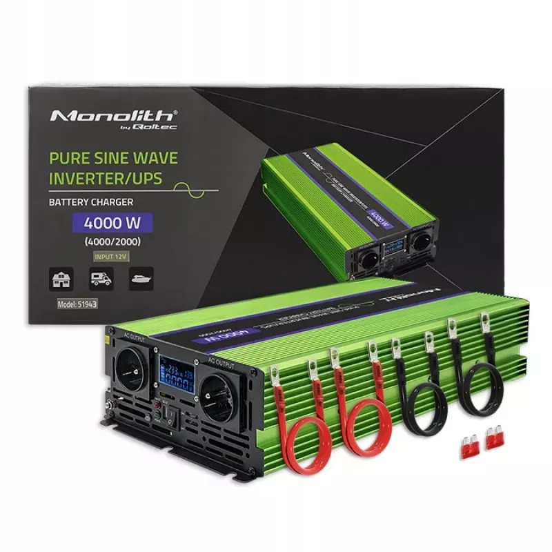 Qoltec Monolith Conversor de tensão | Carregamento de bateria | UPS | 2000W | 4000W | 12V para 230V | Onda sinusoidal pura | LCD preto-verde