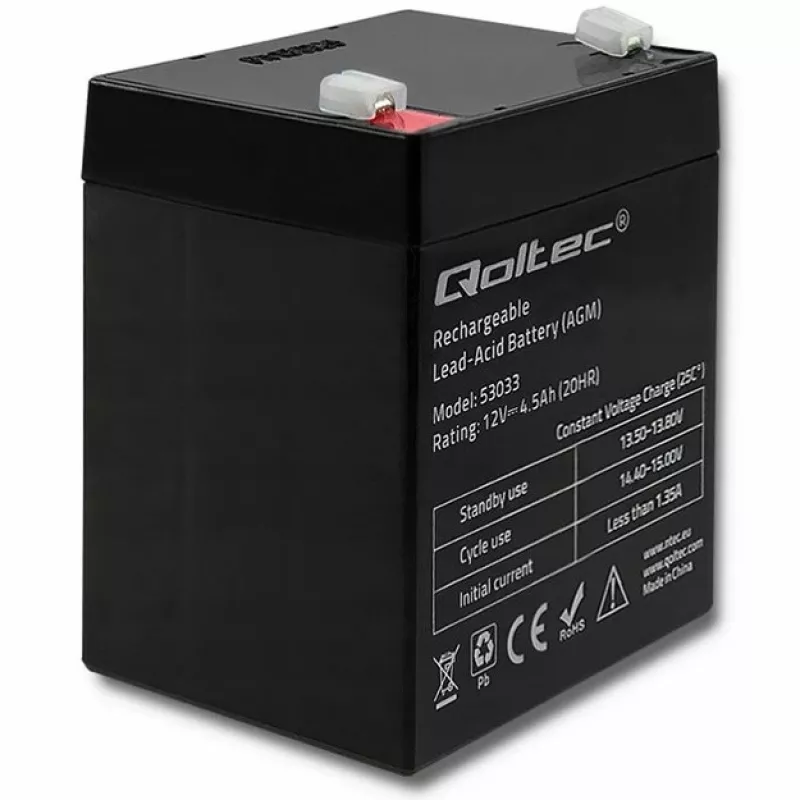Qoltec 53033 bateria AGM 12 V 4,5 Ah, máx. 1,35 A, sem manutenção